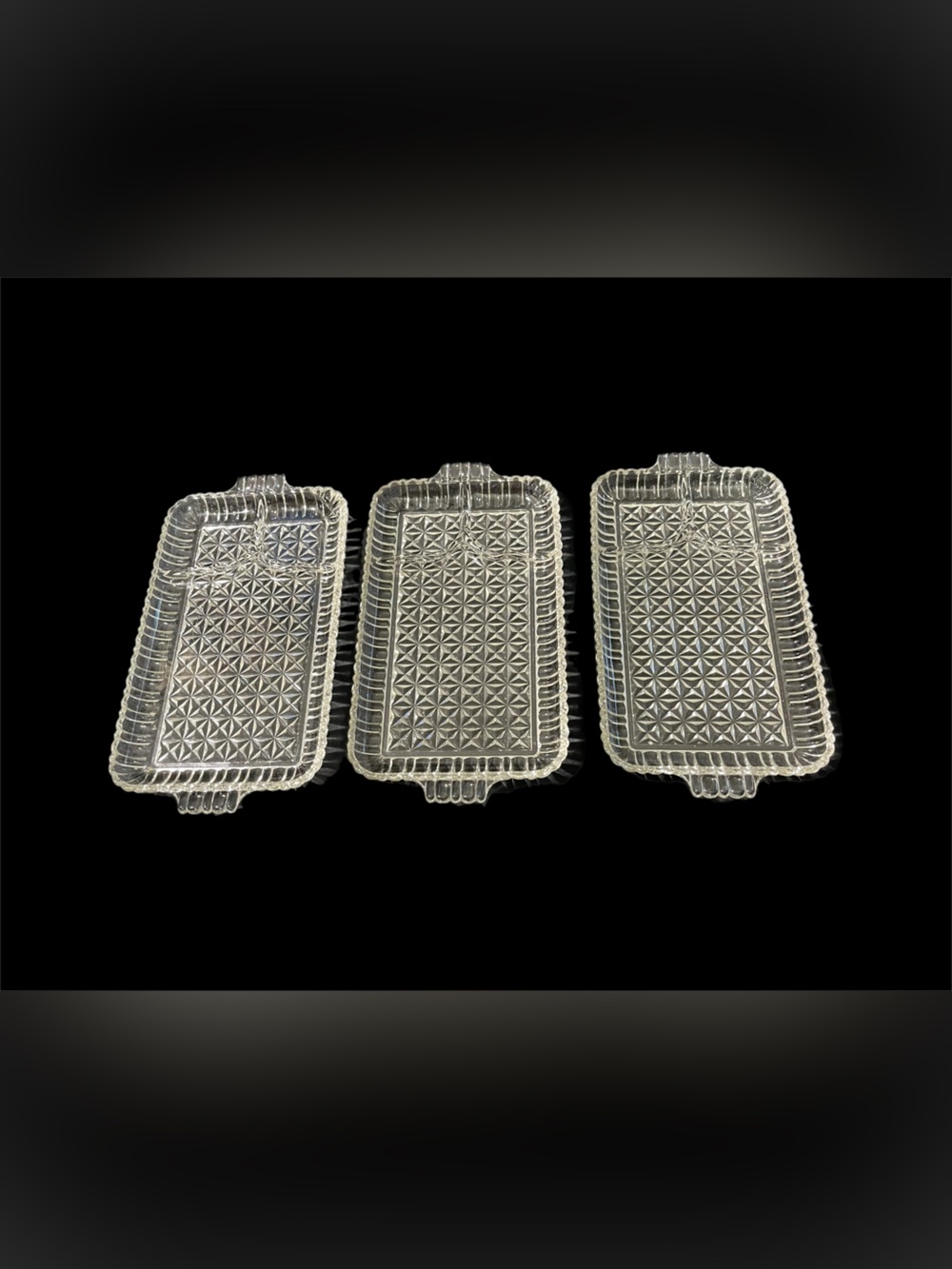 Set of 3 Anchor Hocking Clear Glass Snack Trays With 3-section Geometric Pattern